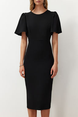 Siyah A Kesim Kolda Pili Detayl? Midi Kalem Etek Dokuma Elbise TWOSS24EL00659