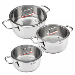 Набор кастрюль из нержавеющей стали Tendency 3 штуки: 2л - д18см, h8,8см, 2,8л - д20см, h9,8см, 5л, д24см, h11,8см, s0,6мм, дно s2,8мм, плоская стеклянная жаропрочная крышка, пароотвод, стальной обод, капсулированное дно, прутковые ручки из нержаве