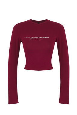 Bordo Slogan Bask?l? Vucuda Oturan Crop Esnek Orme Bluz TWOAW25BZ00148