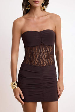 Kahverengi Duz Dokuma Dantel K?sa / Mini Astarl? Elbise