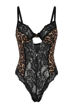 Siyah Fitted Leopar Desenli Dantel/Saten Fantezi Body THMSS26BD00012