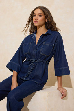 Koyu Mavi Belden Baglamal? Tencel Kar?s?ml? Denim Gomlek TWOSS26GO00006 - Trendyolmilla фото 5