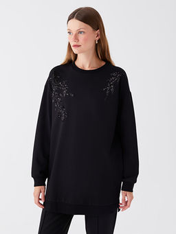 Bisiklet Yaka Payet ??lemeli Uzun Kollu Oversize Kad?n Tunik