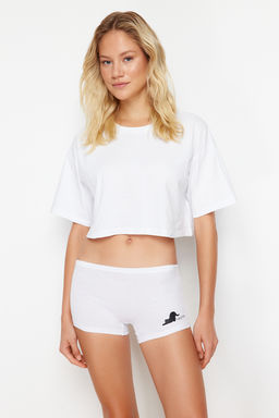 Trendyolmilla Siyah-Beyaz-Gri 3lu Paket Pamuklu Bask?l? Boyshort Orme Kulot THMSS24KU00028 фото 6