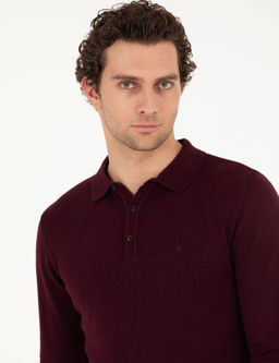 Бордово-красный базовый трикотажный свитер с воротником-поло приталенного кроя - Cacharel фото 2