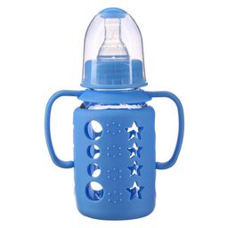 Бутылочка в силиконовом чехле, с ручками, стекло, классическое горло, 120 мл., +0 мес, цвет голубой - Крошка я фото 2