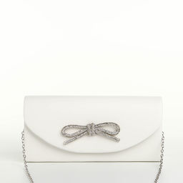 Сумка-клатч женская вечерняя на магните, на длинной цепочке, с декоративным бантом, белая