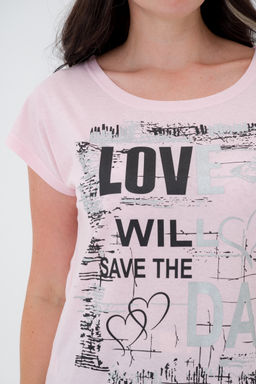 Футболка женская со спущенным плечом из кулирки Лира бледно розовый с принтом Love - Амадэль фото 4