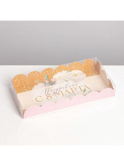 Цена за 5 шт. Коробка для печенья, кондитерская упаковка с пластиковой крышкой, «8 марта», 10.5×21×3 см