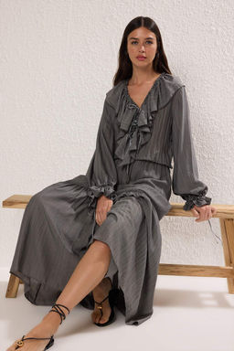 Antrasit Beli lastikli F?rf?rl? Maxi Dokuma Elbise TWOSS25EL00864