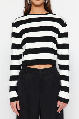 Siyah Crop Basic Cizgili Triko Kazak TWOAW23KZ00034