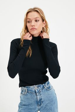 Siyah Fitted/Vucuda Oturan Dik Yaka Uzun Kol Fitilli Esnek Orme Bluz TWOAW21BZ0423