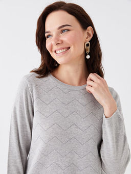 Bisiklet Yaka Kendinden Desenli Uzun Kollu Kad?n Triko Kazak