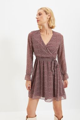 Kahverengi Kusakl? Kruvaze Astarl? Mini Sifon Dokuma Elbise TWOAW20EL1628