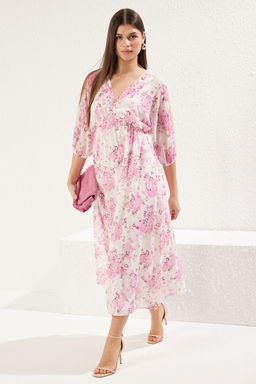 Pembe Soyut Desenli Etegi Belden Ac?lan Maxi Sifon Astarl? Dokuma Elbise TWOSS24EL00611 - Trendyolmilla фото 2