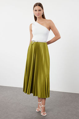 Yag Yesil A Kesim/Can Form Piliseli Maxi Esnek Orme Etek TWOSS24ET00041