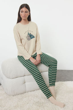 Trendyolmilla Kad?n Couple/Cift Bej %100 Pamuklu Cizgili Y?lbas? Temal? Orme Pijama Tak?m? THMAW25PT00164  фото 4