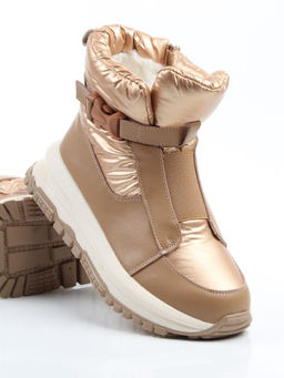 04-WG037-1M DK. BEIGE/GOLD Ботинки зимние женские (натуральная кожа, курточная ткань, 100% шерсть)