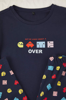 Lacivert Regular Kesim Oyun Bask?l? K?sa Kol Orme Pijama Tak?m? TMNAW26PT00009