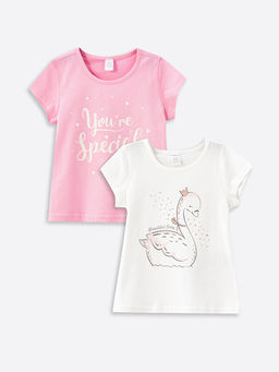 Bask?l? Bisiklet Yaka K?sa Kollu K?z Bebek Ti??rt 2li