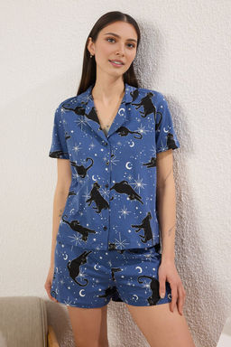 Trendyolmilla Lacivert %100 Pamuklu Kedi ve Galaksi Desenli Sortlu Orme Pijama Tak?m? THMSS25PT00370  фото 3