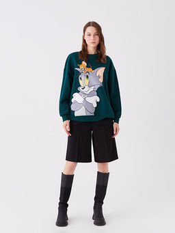 Bisiklet Yaka Tom ve Jerry Bask?l? Uzun Kollu Oversize Kad?n Sweatshirt - Waikiki фото 3