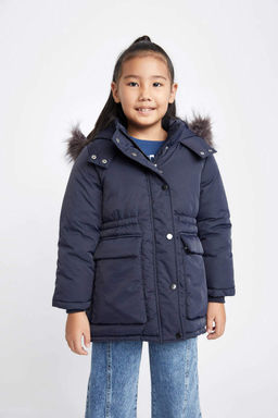 Водоотталкивающая куртка со съемным капюшоном и подкладкой из искусственного меха для девочек, пальто - Defacto фото 7