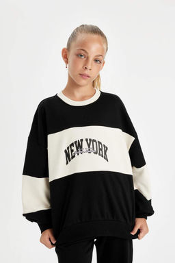 Толстовка оверсайз с круглым вырезом для девочек с принтом - Defacto фото 4