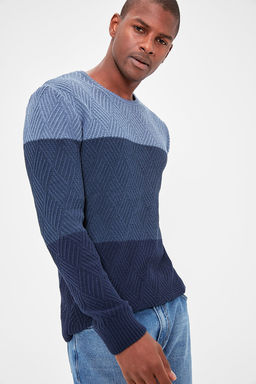 TRENDYOL MAN Indigo Regular Bisiklet Yaka Renk Bloklu Kazak TMNAW20LS0026 - Trendyolmilla фото 7