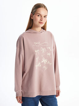 Kap??onlu Bask?l? Oversize Kad?n Sweatshirt Tunik