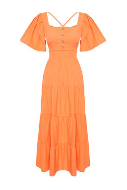 Turuncu Belden Ac?lan Gipe ve S?rt Detayl? Kare Yaka Maxi Dokuma Elbise TWOSS24EL00431