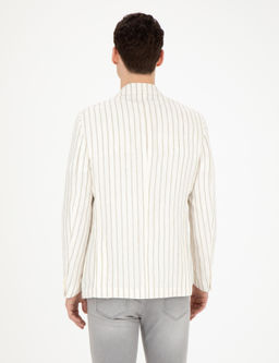 Ekru Slim Fit _izgili Keten Kruvaze Ceket