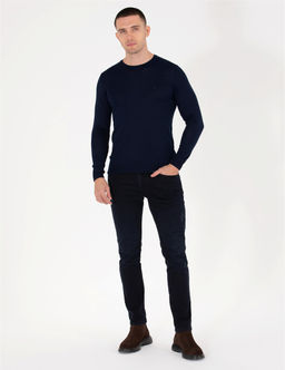 Lacivert Slim Fit Bisiklet Yaka Y_n Kar___ml_ Basic Triko Kazak