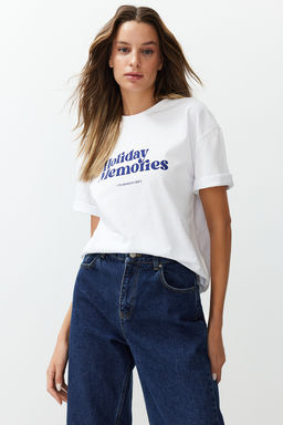 TRENDYOLMILLA Beyaz Bask?l? Premium %100 Pamuk Relaxed/Rahat Kesim Orme T-Shirt TWOSS24TS00178  фото 13