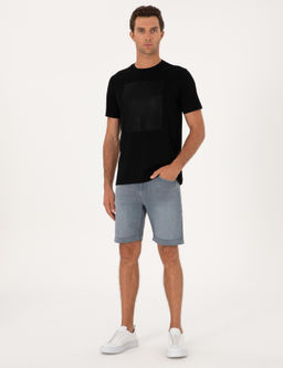 Siyah Regular Fit Bask_l_ Bisiklet Yaka T-shirt