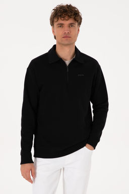 Erkek Regular Fit Yar_m Fermuarl_ Siyah Basic Sweatshirt