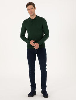 Koyu Ye_il Slim Fit Polo Yaka Basic Triko Kazak