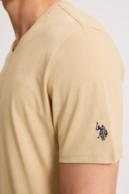 Erkek Regular Fit V Yaka Bej Basic Ti__rt