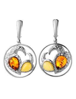 Эффектные серьги из серебра и янтаря двух цветов Лирика