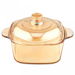 Салатник стеклянный Мимоза 0,92л, 14,8х19,7х6,8см, основание 13х13см, общая h12,3см, стеклянная крышка, 2 ручки, янтарный перламутровый, в коробке (Китай)