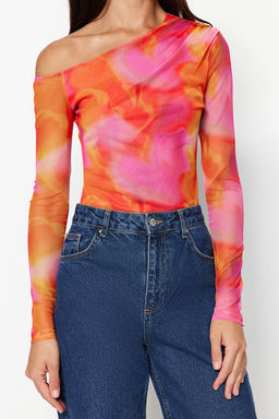 Pembe Desenli Tul S?rt? Transparan Fitted/Vucuda Oturan Esnek C?tc?tl? Orme Body TWOSS23BD00024