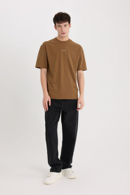 %100 Pamuk Boxy Fit Bisiklet Yaka S_rt Bask_l_ K_sa Kollu Ti__rt - Defacto фото 2