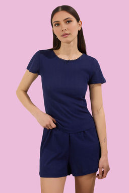 Trendyolmilla Lacivert %100 Pamuklu Yaka Dantelli Pointel Ajurlu/Delikli Sortlu Orme Pijama Tak?m? THMSS25PT00329
