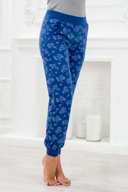 Брюки женские из кулирки на манжете Цветы на синем