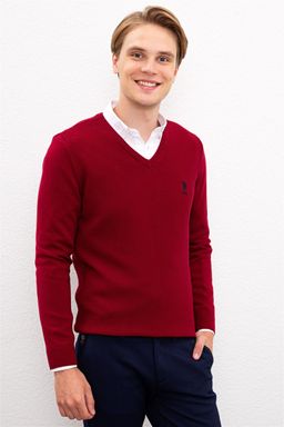 U. S. Polo Assn / Мужской бордовый красный трикотажный свитер с v-образным вырезом Basic