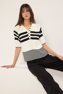 Ekru Polo Yaka Renk Bloklu Ince Triko Bluz TWOSS25KZ00002