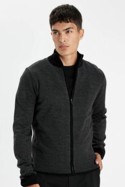 Siyah Standart Fit Normal Kesim Dik Yaka Fermuarl? Triko H?rka