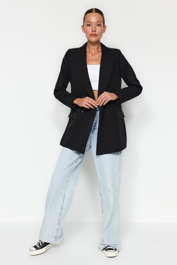 Siyah Regular Astarl? Kruvaze Kapama Dokuma Blazer Ceket TWOSS20CE0059