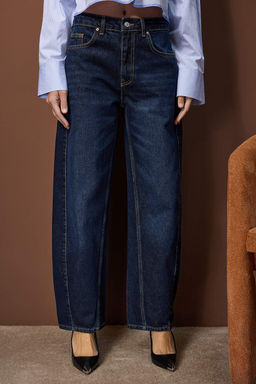 Koyu Mavi Dikis Detayl? Yuksek Bel Barrel Jeans TWOAW26JE00289 - Trendyolmilla фото 3