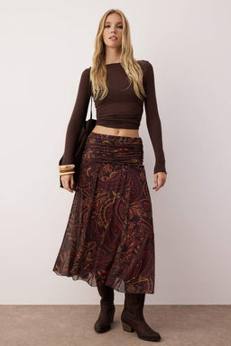 Cok Renkli Maxi Buzgu/Drape Detayl? Boho/Boho Chic Baskl?l? Tul Esnek Orme Etek TWOAW26ET00122